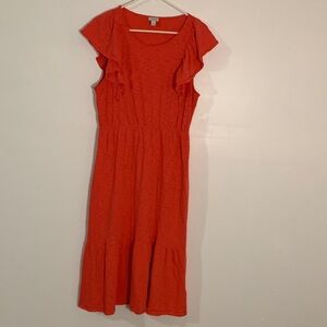 J. Crew Vibrant Orange Midi Dress with Ruffle Sleeves